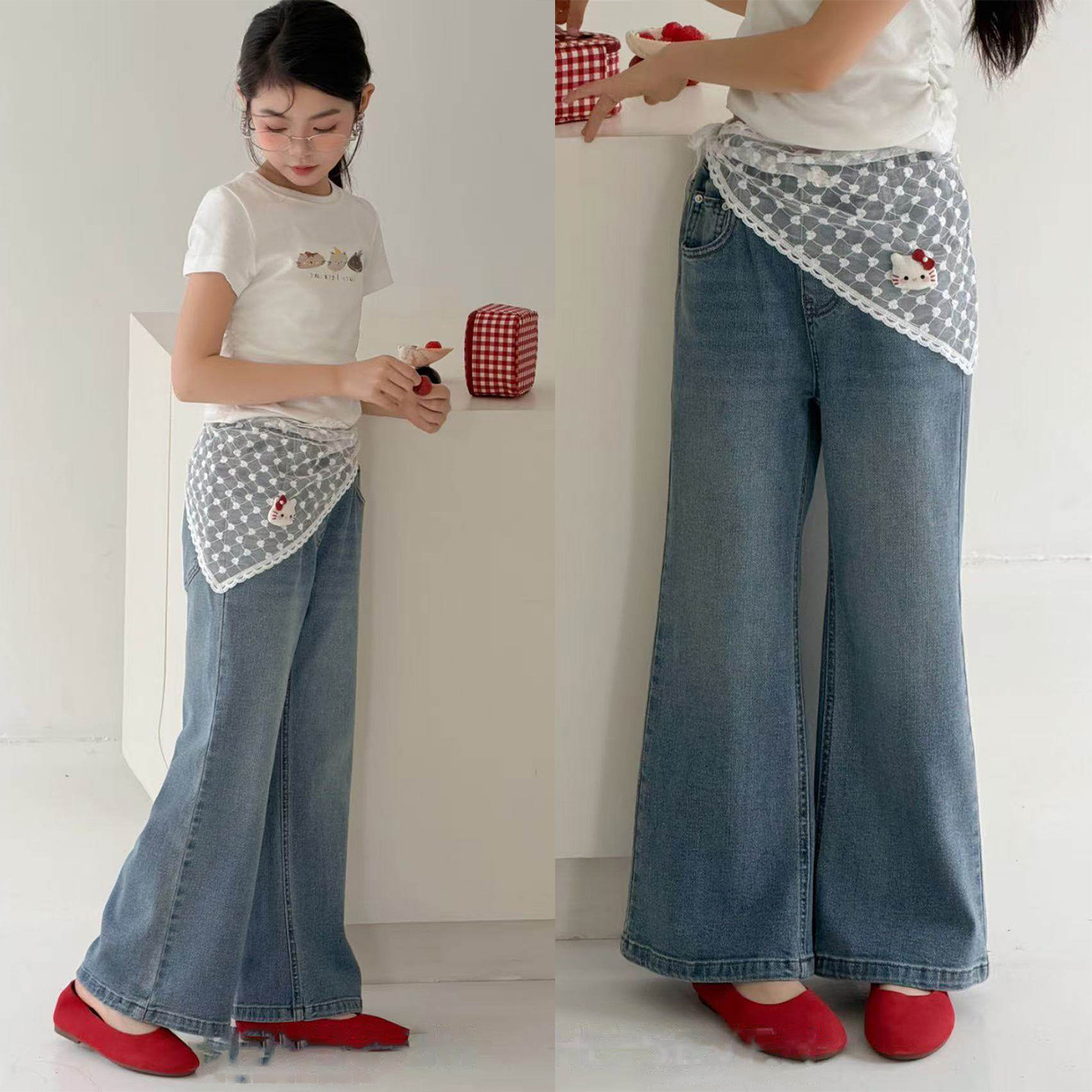 女童蕾丝花边假两件微喇牛仔裤2026春夏中大童韩版百搭宽松喇叭裤,童装/婴儿装/亲子装,儿童牛仔裤,淘宝优惠券,粉丝福利购,淘宝优惠卷