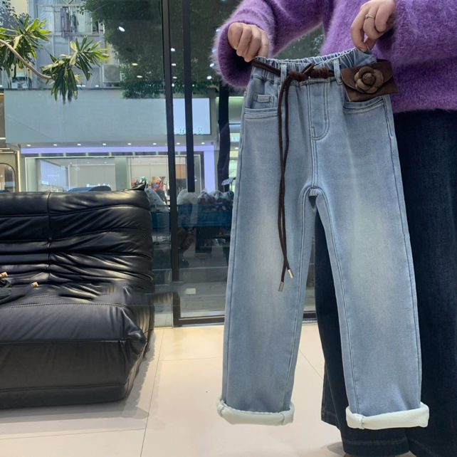 女童加绒加厚直筒烟管牛仔裤
