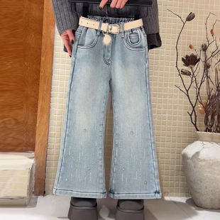 女童冬季加绒汤站闪亮牛仔裤喇叭裤儿童裤子小个子洋气微喇裤超软