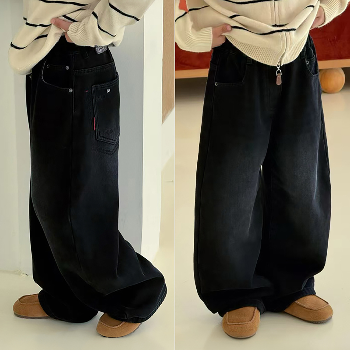 男童女童保暖阔腿直筒牛仔裤