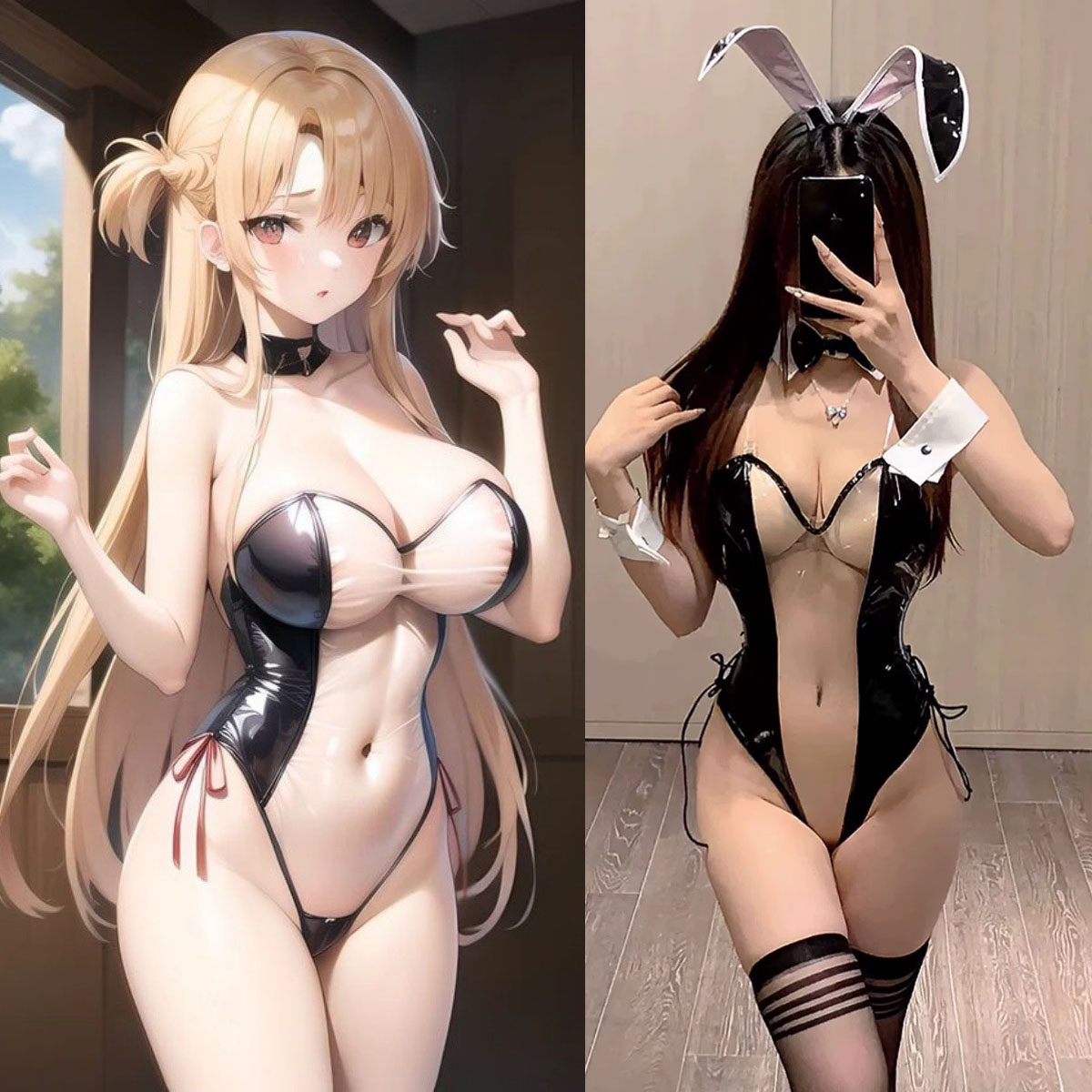 二次元cosplay性感火辣纯欲同人透明兔女郎制服漆皮紧身连体衣女