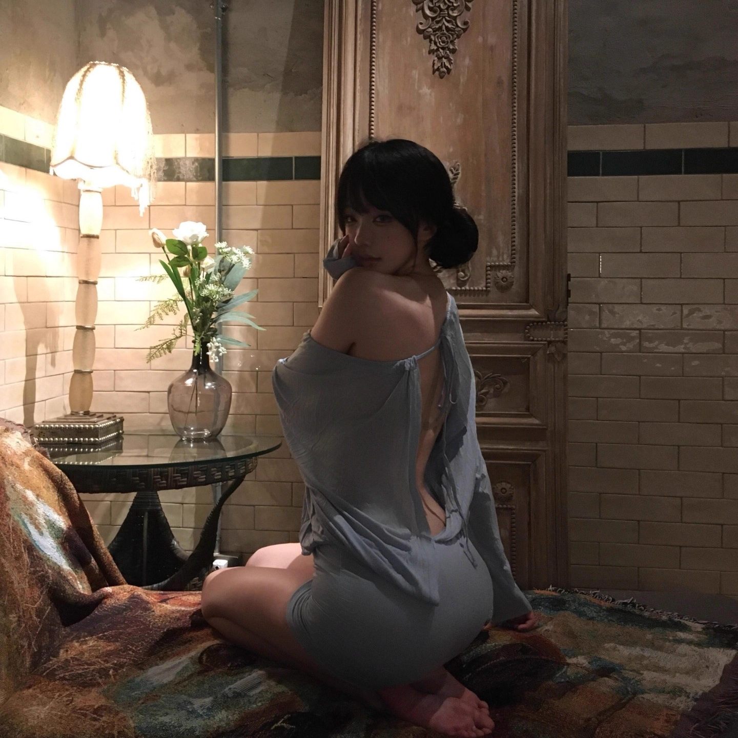 擦性感边网红抖音连衣裙露背大码蓝色长袖一字肩蝙蝠袖纯欲包臀裙