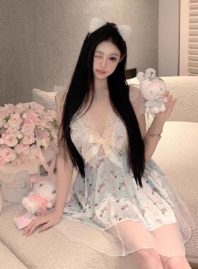 爱神小猫原创卡通可爱性感甜美吊带睡裙春夏季纯欲冰丝外穿家居服