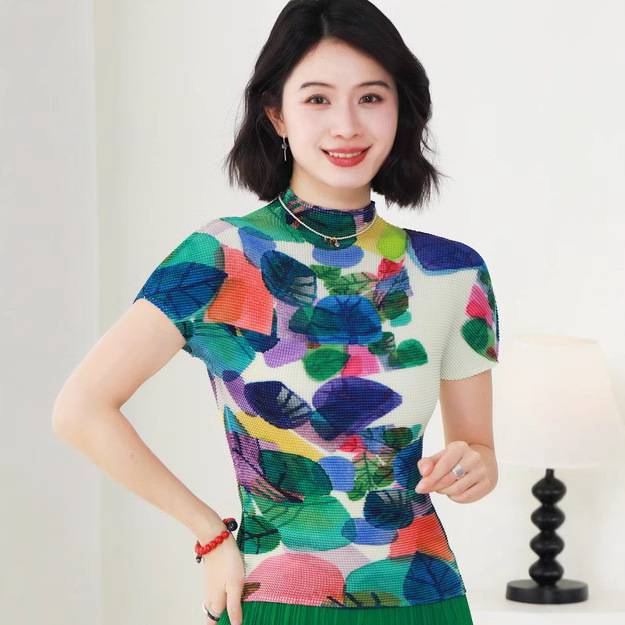 2025春季新款三宅褶皱玉米粒豆腐格时尚印花通勤百搭短袖上衣