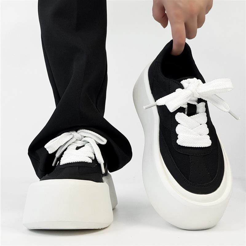 厚底增高黑白板鞋男透气帆布鞋百搭松糕鞋大头饼干鞋简约小白鞋潮,流行男鞋,休闲板鞋,淘宝优惠券,粉丝福利购,淘宝优惠卷