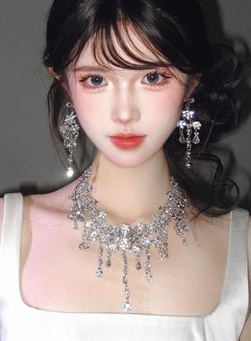 爆闪水钻锆石晚礼服项链女夸张名媛宴会锁骨链新娘主持人配饰颈链