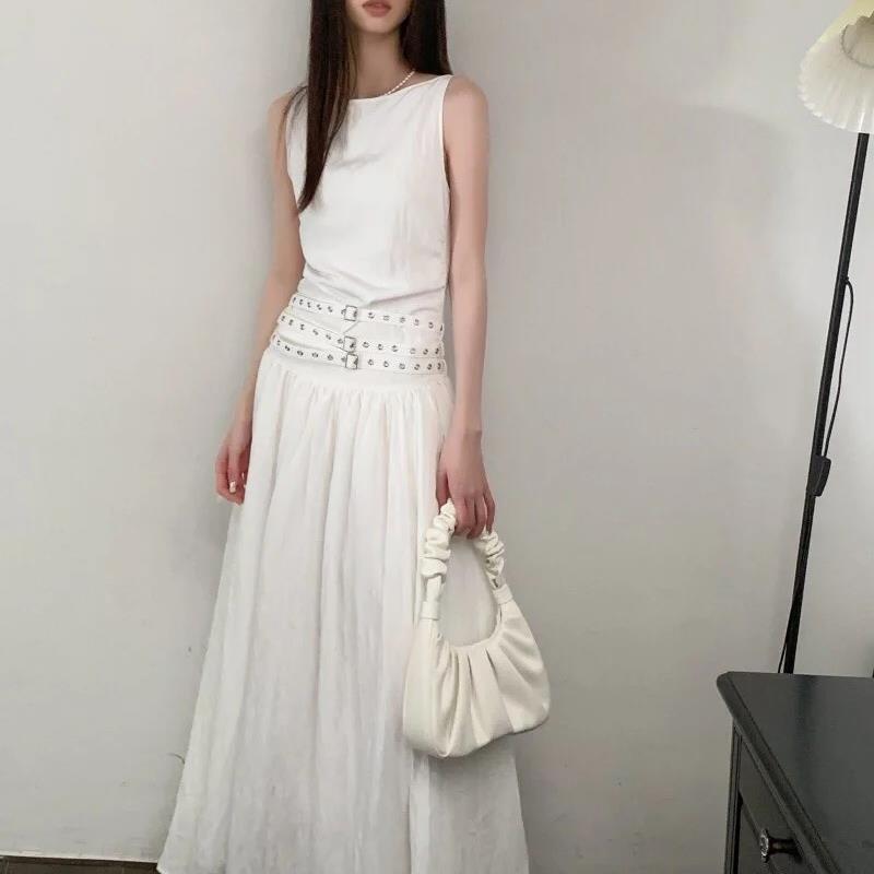 2025四季小众高级感铆钉腰带背心连衣裙女气质长裙法式无袖大摆裙