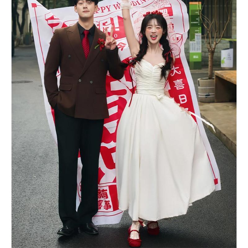 法式复古轻婚纱新娘结婚晨袍女小众设计感订婚领证登记连衣裙礼服