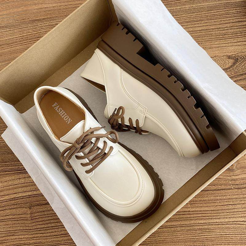 白色英伦风小皮鞋女2025年秋冬加绒新款百搭厚底乐福鞋系带单鞋,女鞋,深口单鞋,淘宝优惠券,粉丝福利购,淘宝优惠卷