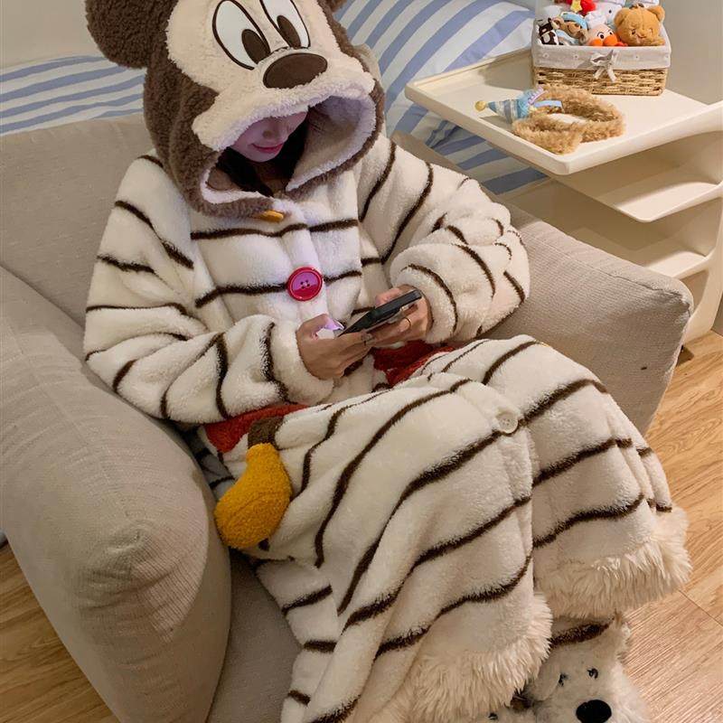 珊瑚绒睡袍女秋冬季加绒加厚连帽中长款睡衣可爱米奇冬天保暖套装