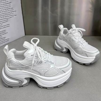 老爹鞋潮女2025春夏新款厚底松糕小个子7网面透气真皮休闲鞋