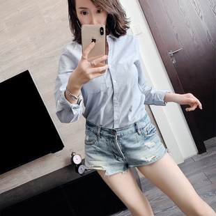 修身 新款 显瘦简约文艺衬衣 女2020春季 欧美纯棉牛津纺蓝白条纹衬衫