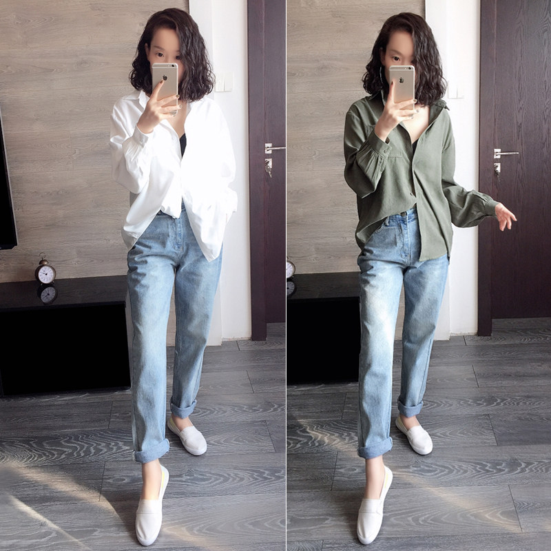 春夏 新款街拍复古小心机百搭基本款宽松高腰牛仔裤女小脚九分裤
