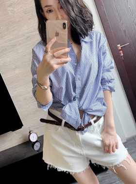 欧美职业设计感条纹衬衫女2021新款通勤简约宽松薄款显瘦长袖衬衣