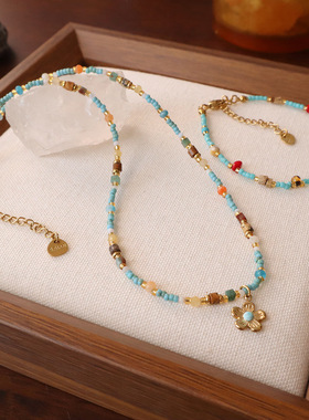 复古风图画石捷克珠串珠项链镀金保色太阳花民族风钛钢锁骨链手链