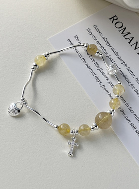 s925纯银镶钻十字架爱心锁发晶手链女小众国风新中式设计串珠手饰