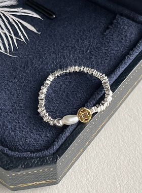 s925纯银碎银子钱币天然珍珠戒指女手工DIY设计弹力绳款指环戒子