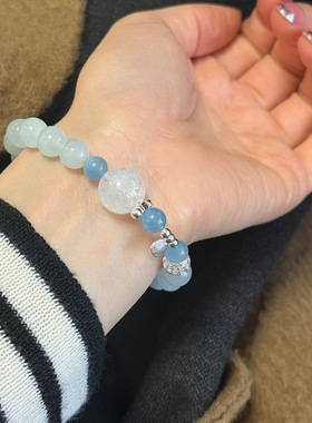 s925纯银钱币圆球海蓝宝手链女简约新中式设计百搭串珠手串手饰