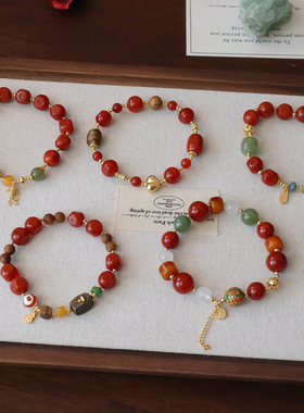 国风天然南红玛瑙手串女本命年新中式棱面玛瑙和田玉锦鲤转运手链