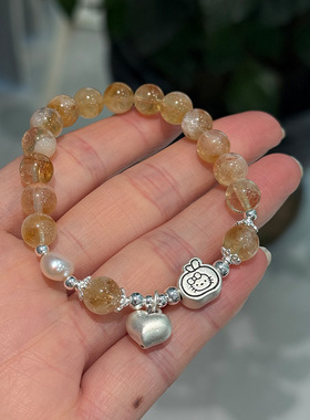 新款999足银猫咪爱心珍珠黄塔晶手链女简约手工设计甜美串珠手饰