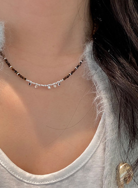 新款S925纯银小圆片银珠虎眼石项链女简约民族风设计串珠锁骨链