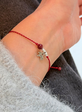 s925纯银小马朱砂圆珠手绳手链女手工编织生肖本命年马年红绳手饰