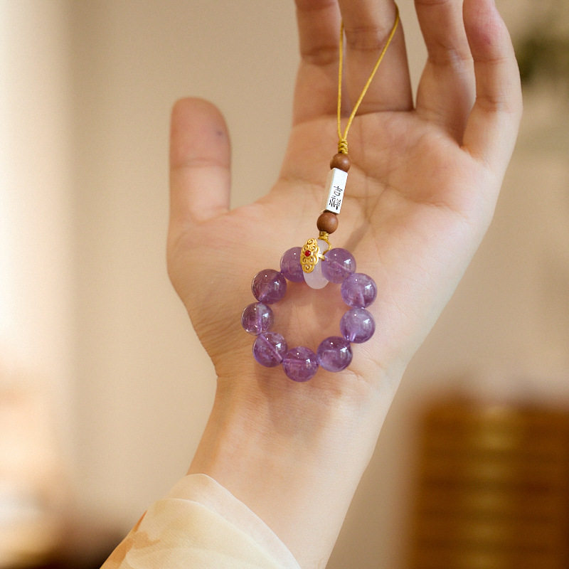 天然紫水晶手机链九紫离火运挂饰水晶手捻挂件手机防摔挂绳女礼物