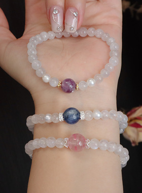 新中式天然水晶手链白月光石清新淡蓝女国潮清冷感百搭气质手串
