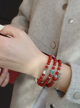 天然南红玛瑙新中式手串麦穗女国风设计款本命年平安好运三圈手链