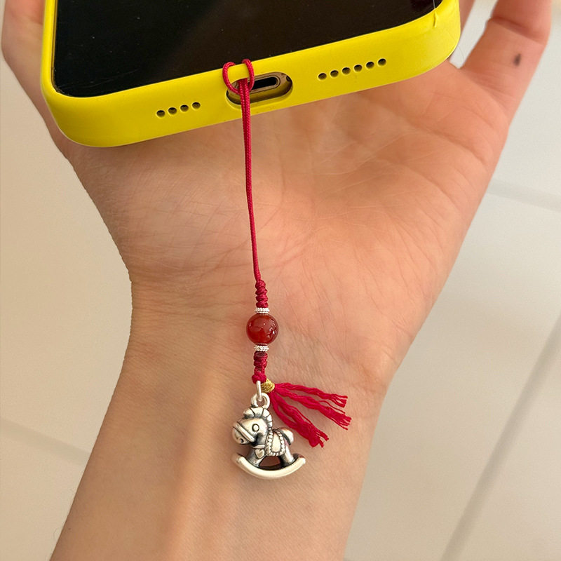 999足银小马红玛瑙手机链包包挂件手工编织设计个性配饰挂饰礼物