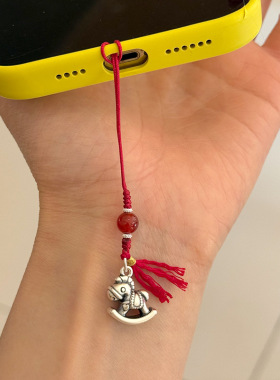 999足银小马红玛瑙手机链包包挂件手工编织设计个性配饰挂饰礼物