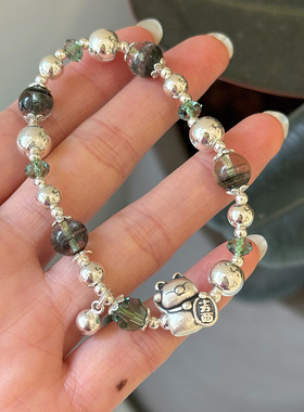 新款999足银招财猫绿幽灵圆珠手链女简约新中式国风设计串珠手串