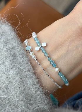 S925纯银天然珍珠水晶圆片手链女简约新中式设计百搭串珠小巧手串
