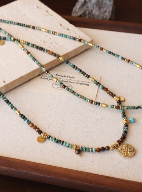 新款天然非洲松石手工串珠项链女小众设计高级感锁骨链钛钢毛衣链