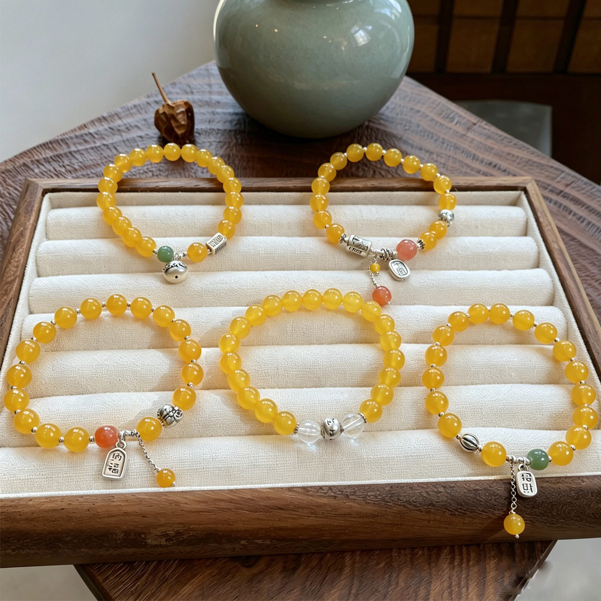 新中式天然黄玛瑙手链玉石新中式女生足银配件小清新流苏玛瑙手串