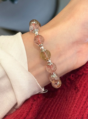 新中式s925纯银彩色发晶圆珠手链女简约手工弹力绳款设计串珠手串