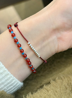 s925纯银猫眼珠车花球红绳手链女简约手工设计百搭个性手环叠戴款