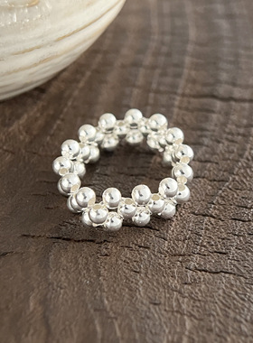 韩版s925纯银多层圆珠戒指女简约手工弹力绳款设计百搭串珠指环