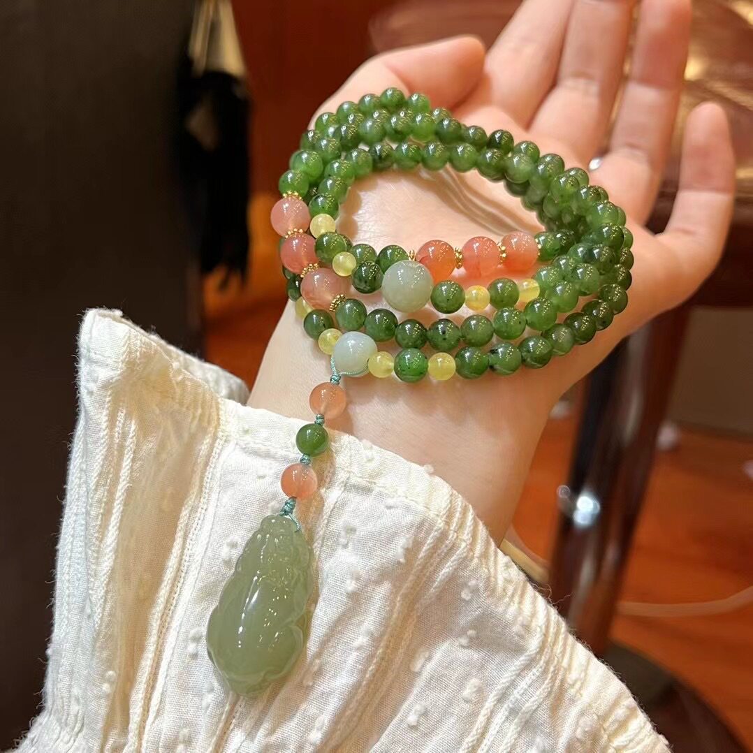 新中式天然乌兰海碧玉圆珠多圈手链女和田玉貔貅项链南红玛瑙手串