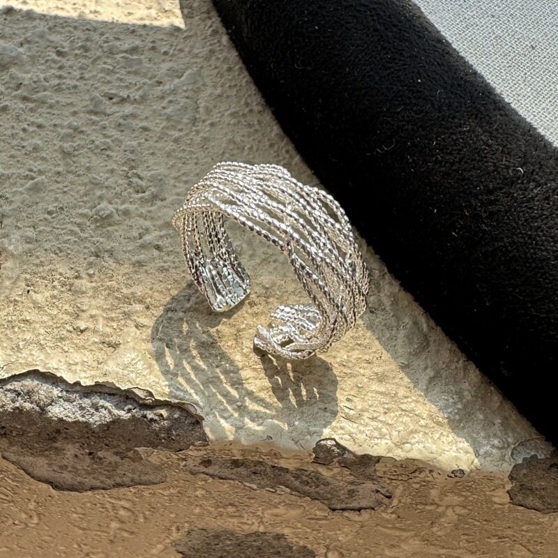 S925纯银韩版小众设计感闪光复古编织戒指韩式风温柔手工指环戒子