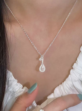 S925纯银满钻水滴锆石羽毛球拍项链女精致轻奢小众高级感锁骨链