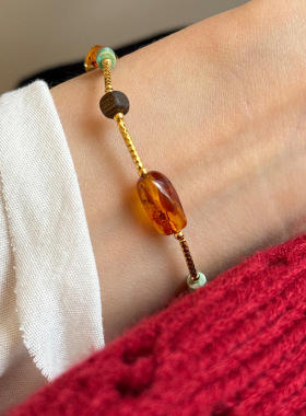 s925纯银不规则花珀串珠手链女简约小众手工设计波光粼粼精致手串