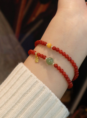 国风天然南红玛瑙手串显白高级感双圈转运和田玉柿子红小福牌手链