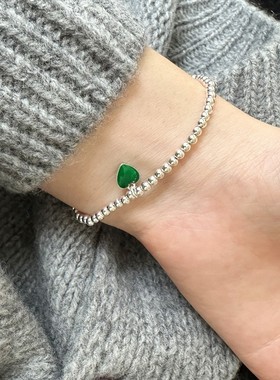 韩版s925纯银绿色滴油爱心圆珠手链女手工弹力绳款设计串珠手饰