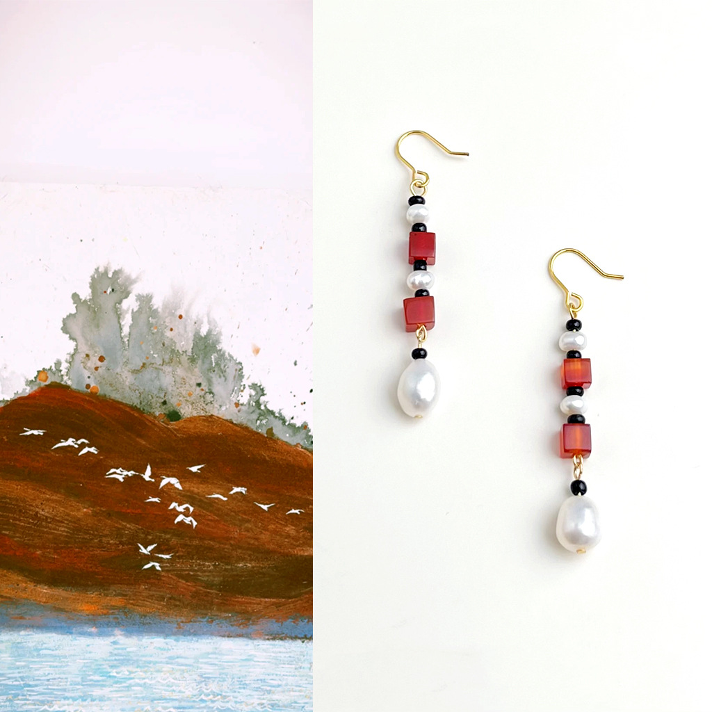 国风新中式淡水珍珠红玛瑙耳环复古文艺高级感天然石串珠流苏耳饰