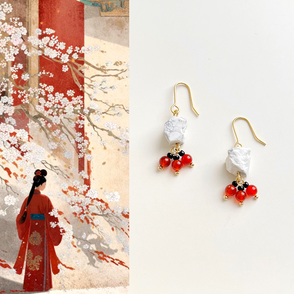 国风手作红玛瑙天然石国潮耳钩复古文艺民族风耳环汉服配饰耳饰女