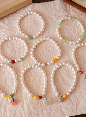 新款亮光贝珠手链女小众天然盐源玉髓新中式小众设计风串珠手串