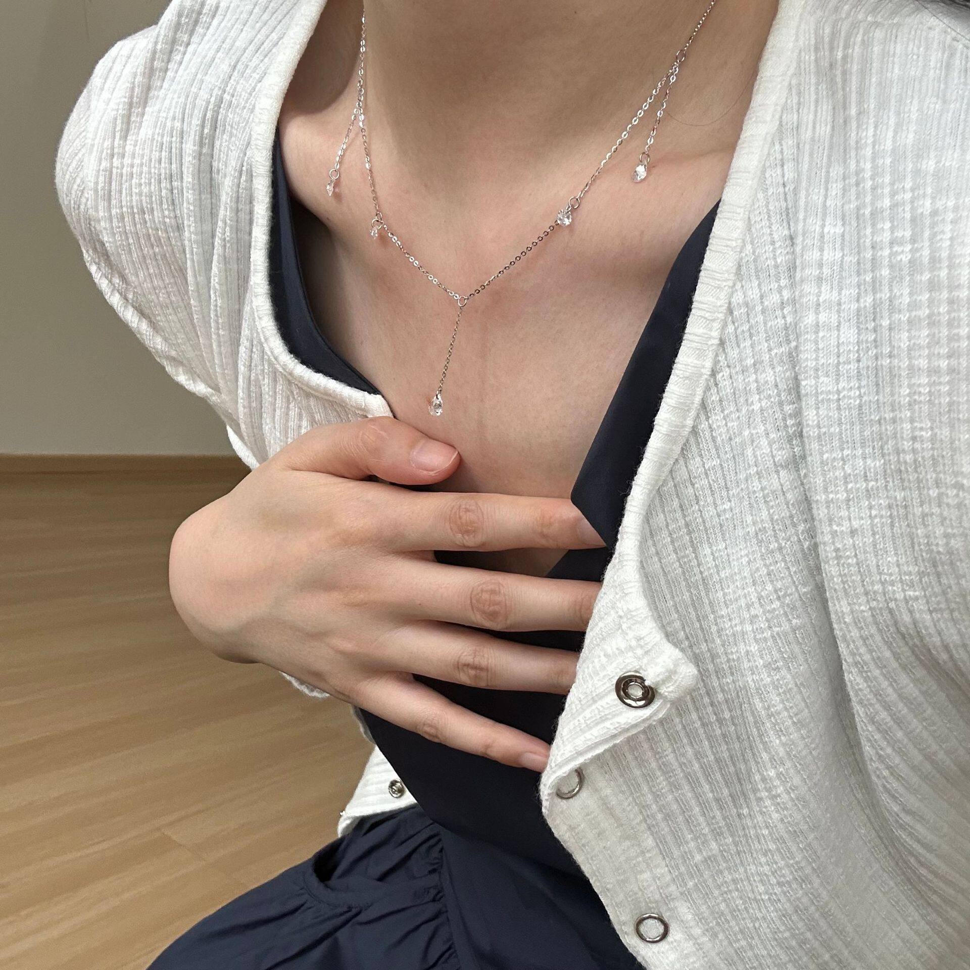 新款s925纯银水滴锆石链条流苏项链女简约小众设计时尚精致锁骨链