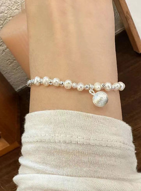 韩版s925纯银磨砂圆球天然珍珠手链女手工弹力绳款设计串珠手饰