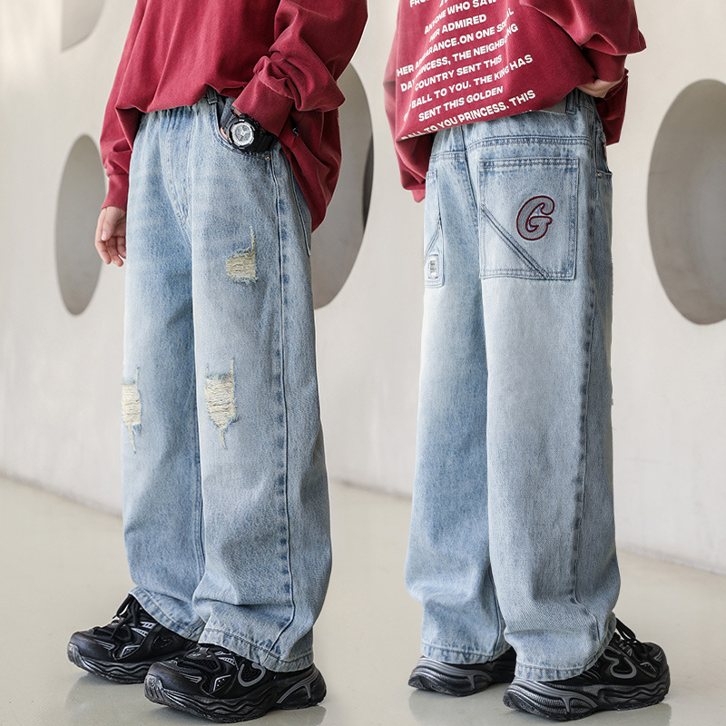 男童裤子春秋季中大童青少年2025新款潮男孩炸街春装儿童牛仔长裤